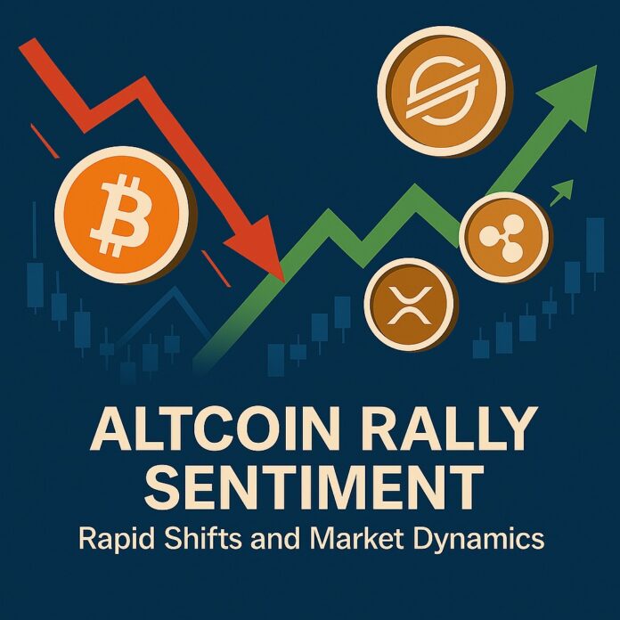 Altcoin Rally Sentiment illustrated through a dynamic visualization of rising altcoin tokens as Bitcoin dominance declines
