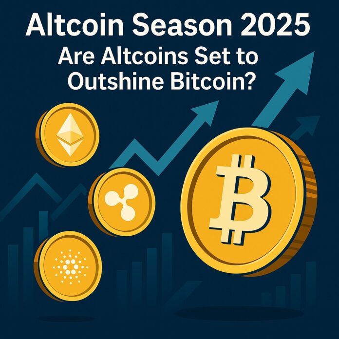 Altcoin Season 2025 visualized through a digital illustration where Bitcoin fades into the background while vibrant altcoins like Ethereum, Solana, and Avalanche rise to prominence—symbolizing a shift in market momentum.