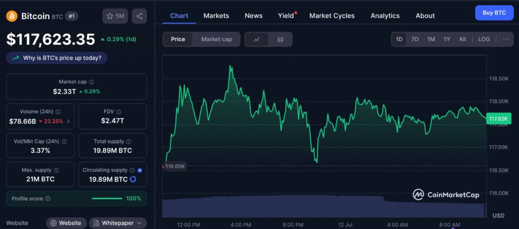 Bitcoin power law model chart from CoinMarketCap showing recent BTC price trends and potential growth path