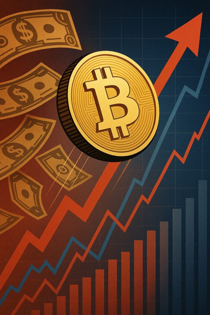 ig Beautiful Bill Bitcoin surge illustration with upward-trending chart and floating dollar bills