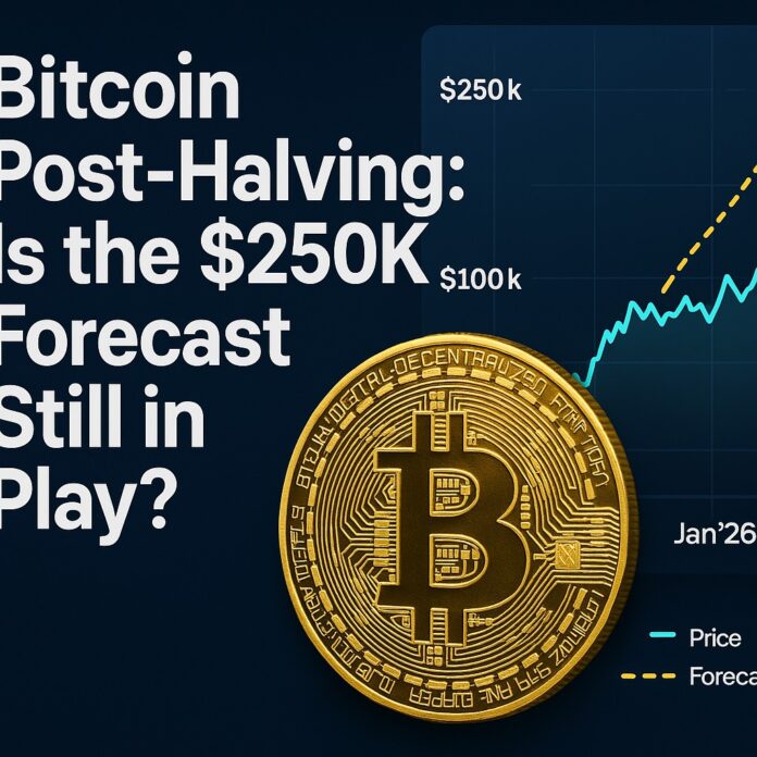 Bitcoin 2025 halving forecast featured image showing a digital BTC rocket launching past $250K, with blockchain elements and market indicators.