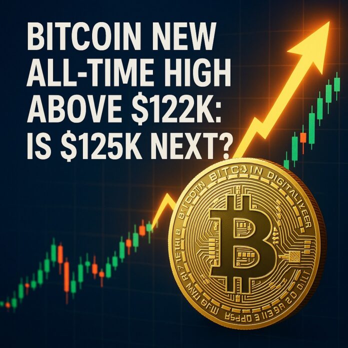 Bitcoin New All-Time High chart showing BTC price breaking above $122,000, with $125,000 target highlighted against a futuristic financial backdrop.