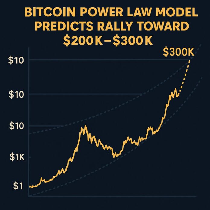 Bitcoin Power Law Model visualizing projected price rally toward $200K–$300K with festive year-end momentum