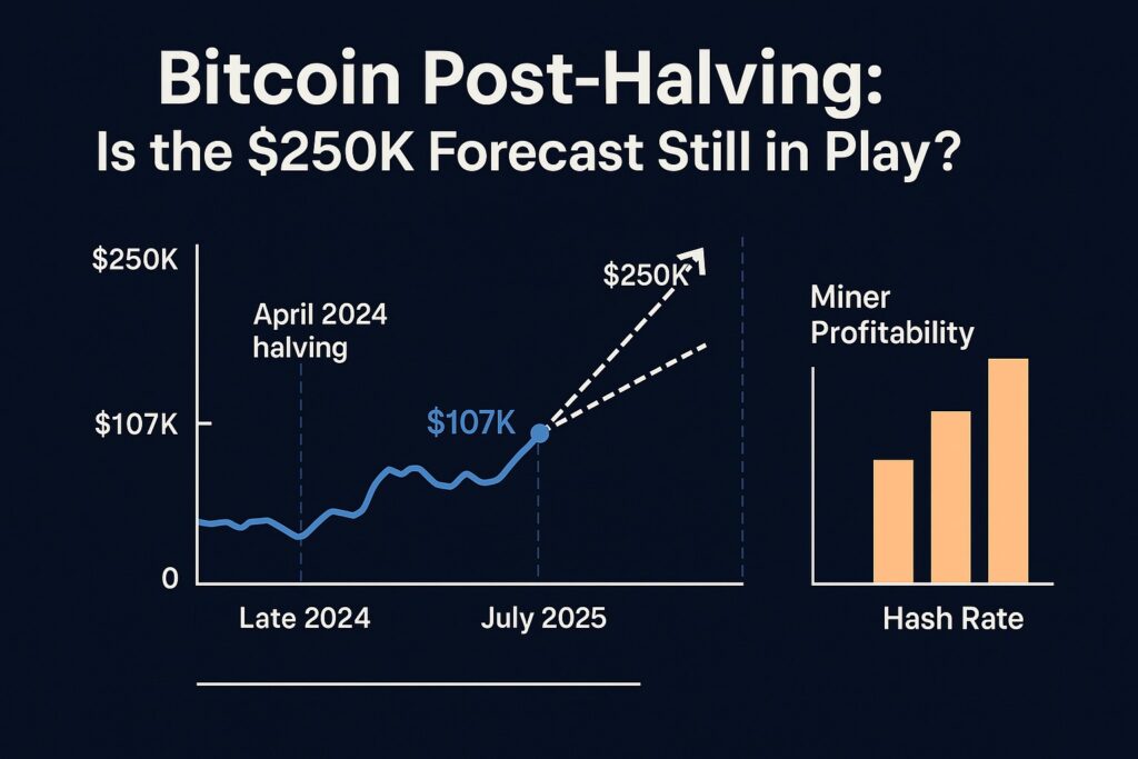 Bitcoin 2025 halving forecast chart showing BTC’s projected price range from July to December, with key support at $98K and upside targets at $125K and $250K