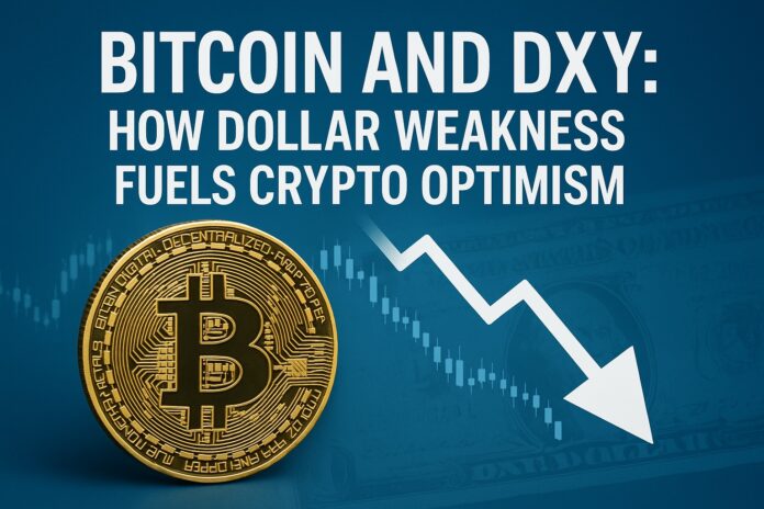 Bitcoin and DXY chart illustrating rising Bitcoin price against falling U.S. dollar index