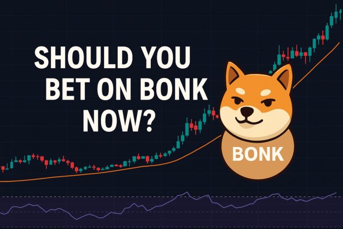 Bonk mixed signals dominate the crypto scene as bulls and bears clash over the Bonk logo, with volatile candlestick patterns in the background—illustrating uncertainty in short- and long-term momentum.