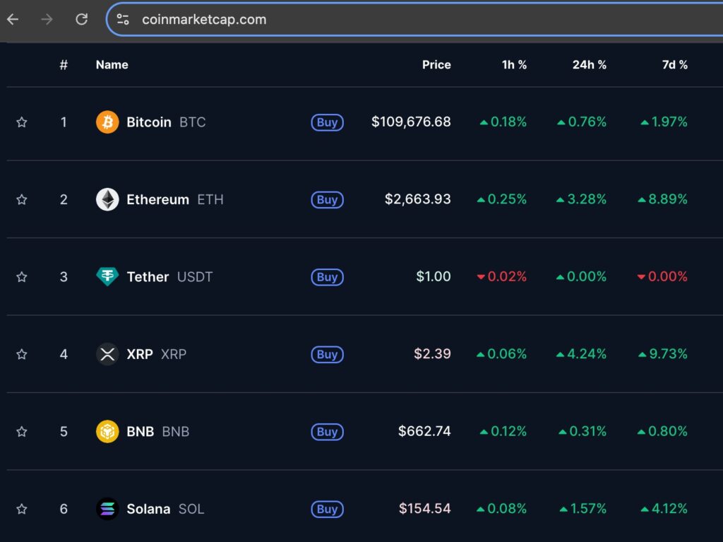 Crypto Market Rally chart showing top six cryptocurrencies with upward price trends on CoinMarketCap