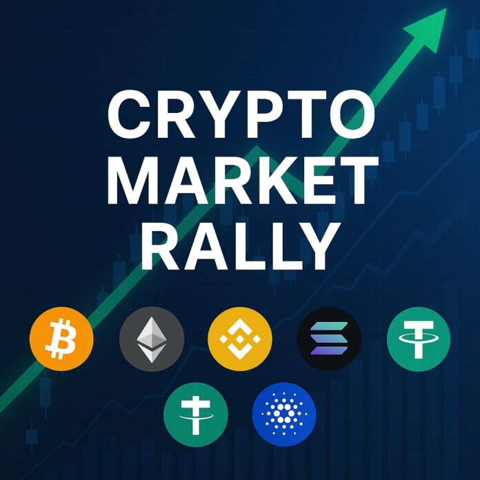 Crypto Market Rally showing rising digital asset charts, bullish trendlines, and optimistic market icons reflecting investor enthusiasm and upward momentum.