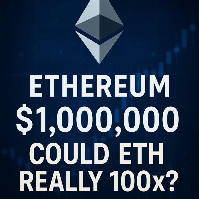 Ethereum $1 Million Prediction visualizing Ethereum’s meteoric rise in a futuristic digital economy with glowing financial charts and blockchain symbols
