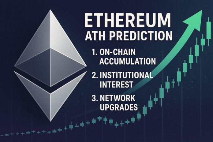 Ethereum ATH Prediction fueling bullish momentum with rising metrics, institutional interest, and network upgrades visualized in a futuristic crypto landscape.