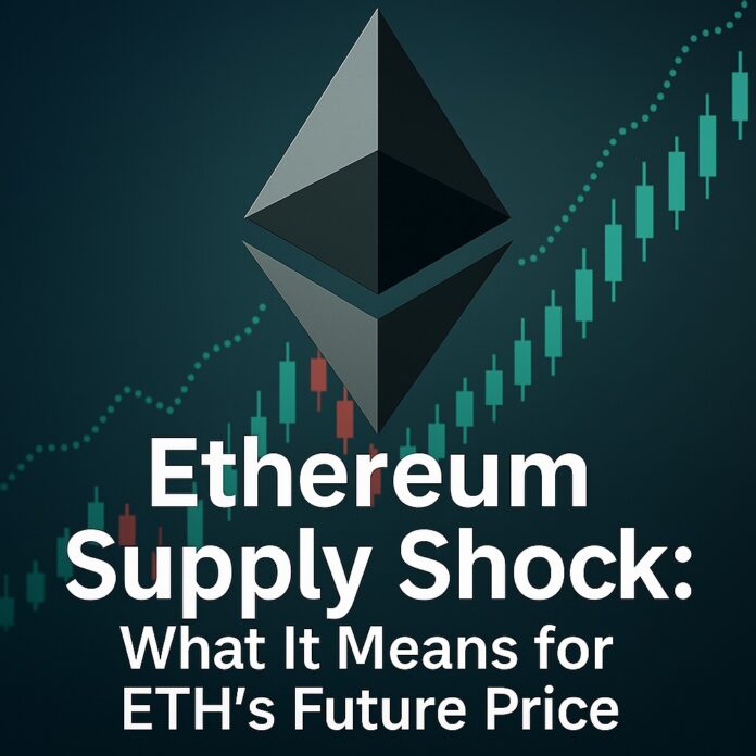 Ethereum Supply Shock illustration with ETH tokens engulfed in flames and arrows indicating staking lockups and deflationary burn.