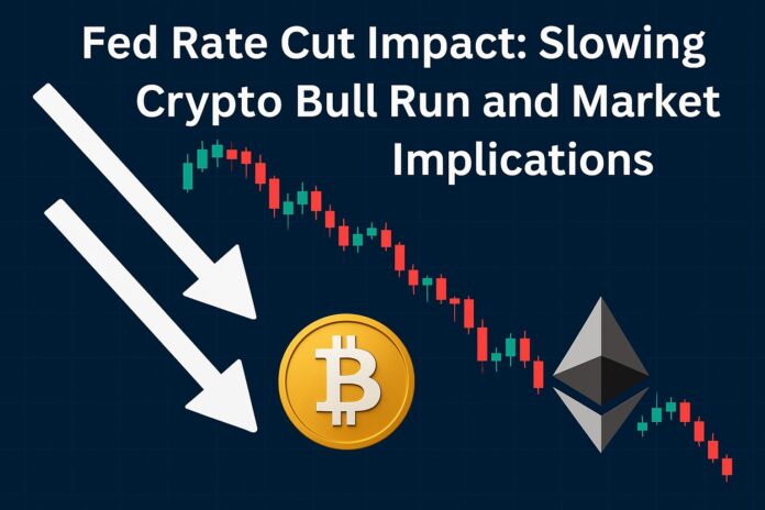 Fed Rate Cut Impact on crypto market shown through downward trend arrow, declining candlestick chart, and Bitcoin and Ethereum icons