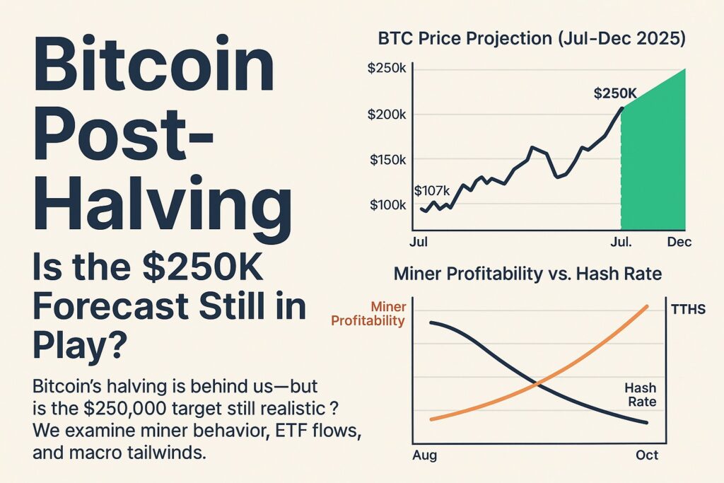 Bitcoin 2025 halving forecast graph comparing miner profitability and network hash rate trends from April to July 2025.