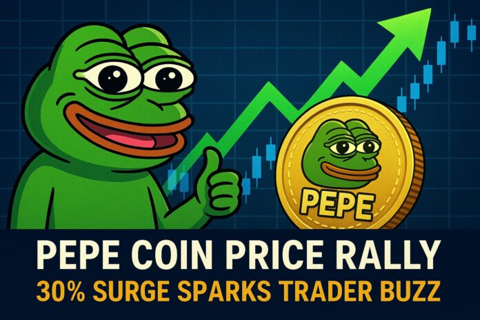 PEPE coin price rally illustrated by a vibrant frog-themed graphic with bullish market indicators and community-driven hype elements.
