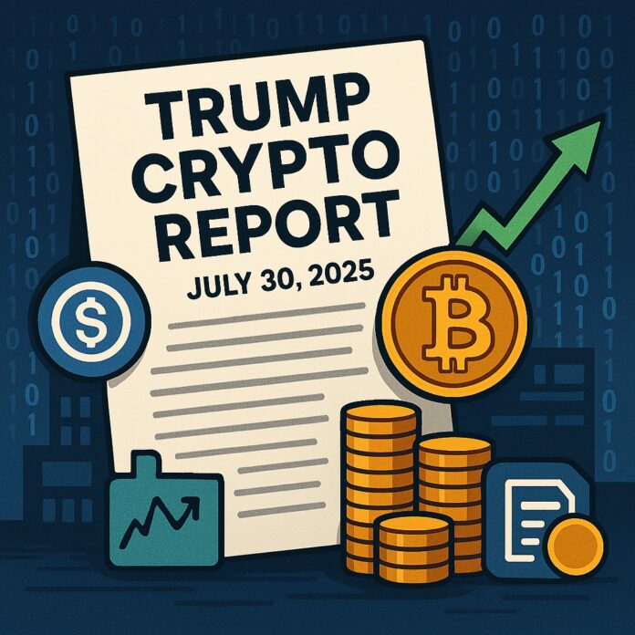 Trump crypto report illustrated with Bitcoin, stablecoin icons, and digital market elements on a news-style document background