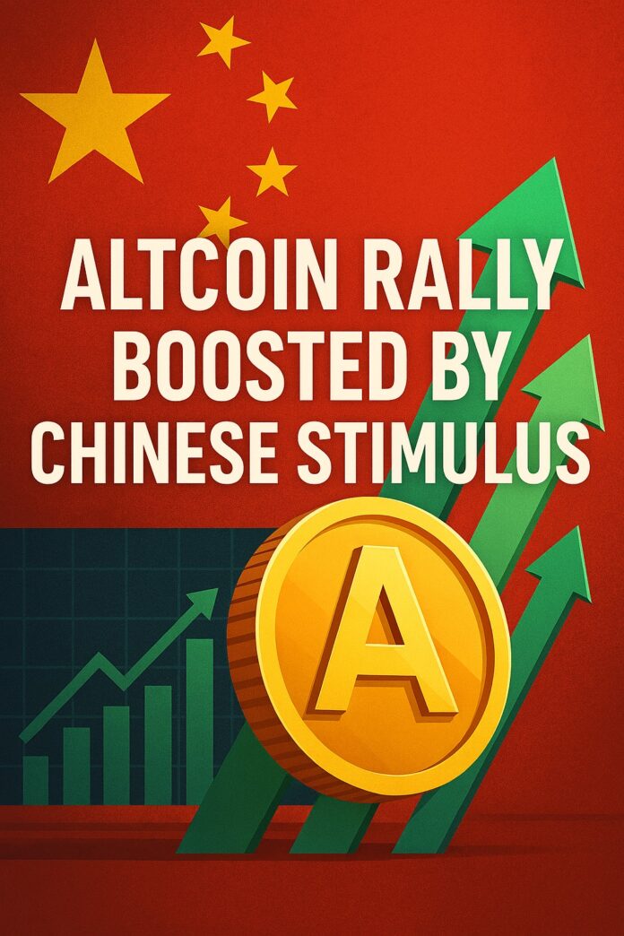 Altcoin Rally: digital altcoins surging upward with Chinese yuan banknotes and a map of China backdrop