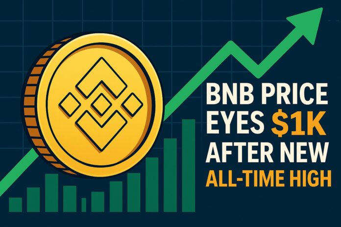 BNB price surges toward the $1,000 milestone on a rising chart background with Binance coin icons.