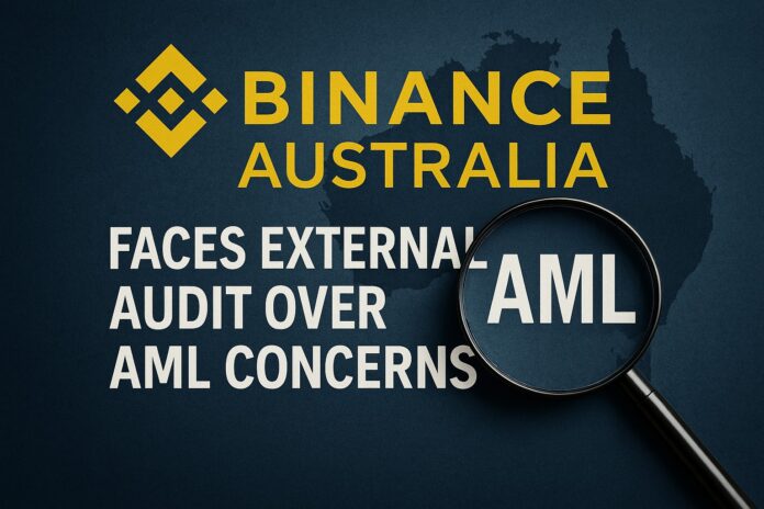 Binance Australia under magnifying glass highlighting AML and CTF audit scrutiny with Binance logo and map of Australia