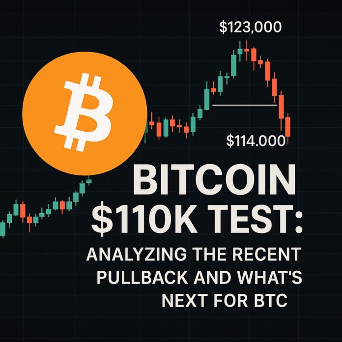 Bitcoin $110K Test chart showing BTC's pullback from $123K ATH to $114K, with focus on key support level