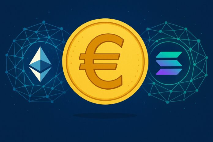 Digital Euro glowing between the Ethereum and Solana logos over a stylized blockchain network backdrop