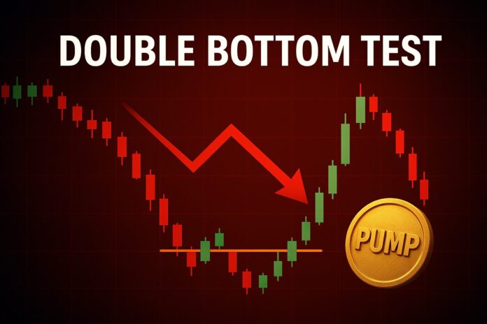 Double Bottom Test pattern on PUMP token chart, highlighting critical support at $0.0027 and resistance at $0.0032 with bearish red candles and a stormy backdrop.