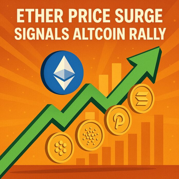 Ether Price Surge driving altcoin rally with Ethereum, Cardano, Solana, and Polkadot rising along bullish market graph