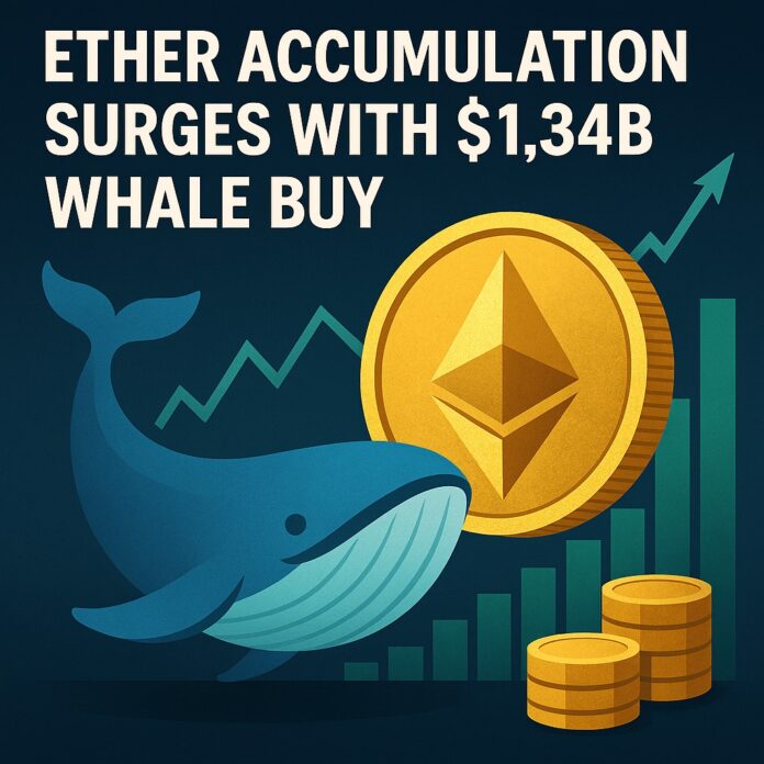 Ether accumulation: A digital whale swimming through a neon ocean of Ethereum logos and interconnected blockchain nodes.