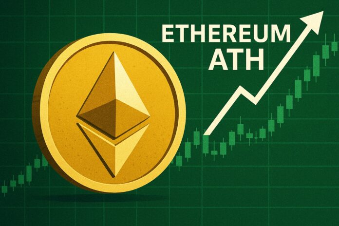 Ethereum ATH visual showing Ethereum logo rising with bullish price chart and upward arrow, symbolizing momentum toward all-time high levels.