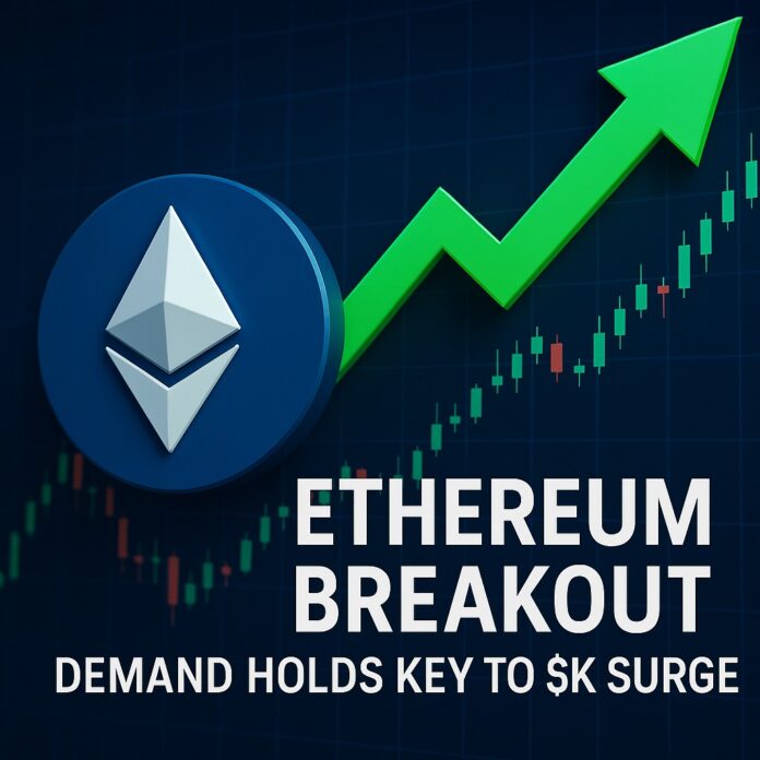 Ethereum Breakout: line chart of ETH price climbing toward $5,000 with whale icons, bullish sentiment arrows, and on-chain metric indicators