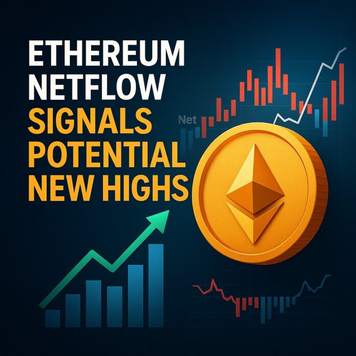 Ethereum Netflow visual depicting ETH tokens flowing out of exchange vaults into private wallets, complemented by upward-trending charts and institutional silhouettes.
