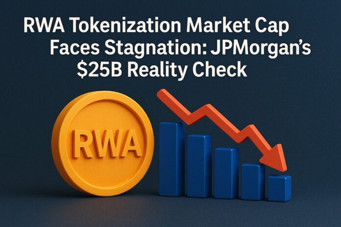 RWA Tokenization Market Cap visual showing a declining bar chart and RWA token symbolizing market stagnation