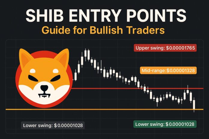 SHIB Entry Points highlighted on a Shiba Inu candlestick chart, marking the upper swing at $0.00001765, mid-range at $0.00001328, and lower swing at $0.00001028 with colored accent lines.