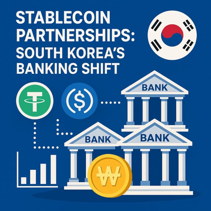 Stablecoin Partnerships drive South Korea’s banks into the digital asset era, showing executives at Shinhan, Hana, KB Financial, and Woori in discussion over blockchain symbols
