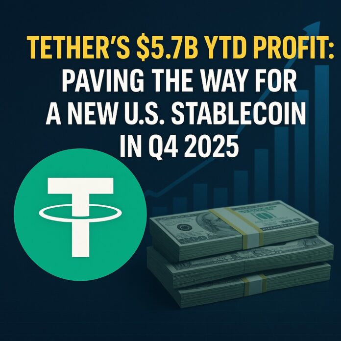 Tether's $5.7B YTD Profit visualized through a headline graphic with Tether logo, stacks of U.S. dollars, and financial growth indicators in blue tones
