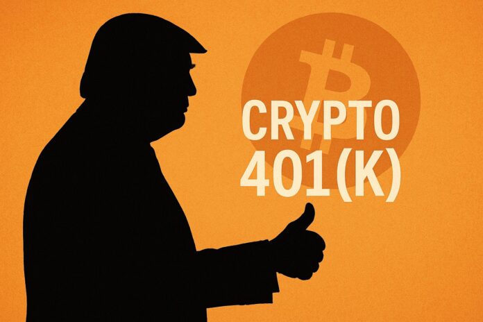 Trump Crypto 401(k) silhouette of Donald Trump with Bitcoin symbol and retirement theme