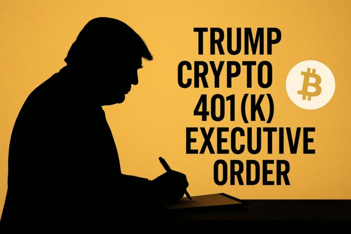 Trump Crypto 401(k) executive order silhouette of Donald Trump signing a document with Bitcoin symbol