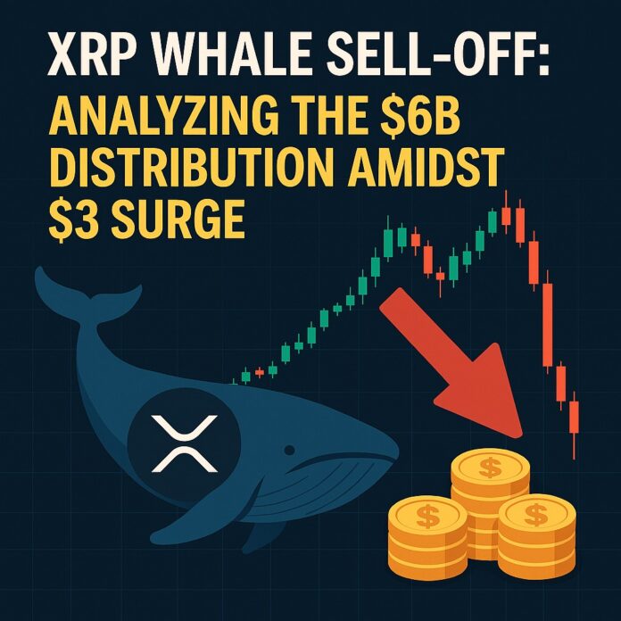 XRP whale sell-off illustrated with a large whale, red downward arrow, and candlestick chart showing market volatility around the $3 surge.