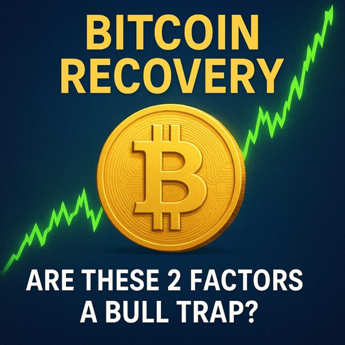 Bitcoin Recovery on-chain indicators depict a candlestick chart rising above $110K accompanied by icons representing decreasing short-term selling and growing accumulation from retail and whale wallets.