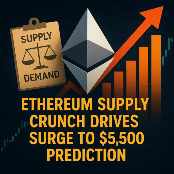 Ethereum Supply Crunch: Visual of Ethereum tokens locked in vaults with shrinking exchange reserves and ETF inflows pointing toward a $5,500 target.