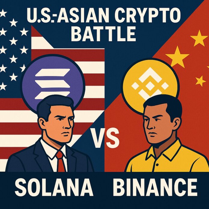 U.S.-Asian Crypto Battle: stylized tug-of-war between Solana and Binance Coin logos overlaid on U.S. and Asian flag motifs