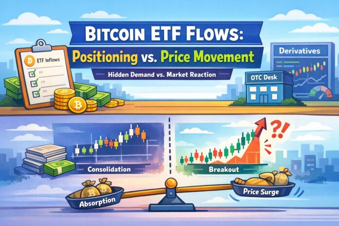 Bitcoin ETF flows illustrated through a colorful cartoonish visual showing how institutional demand is absorbed before price reacts, with central text highlighting positioning versus price movement.