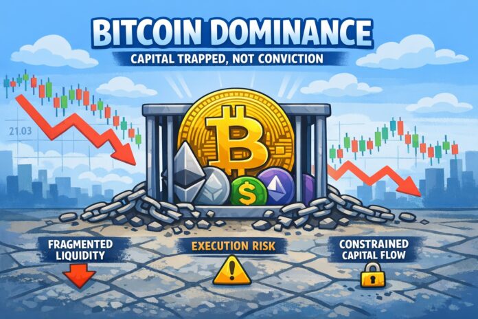 Bitcoin dominance trend illustrated as capital trapped within Bitcoin while altcoins remain constrained, showing liquidity compression in a cartoon-style crypto market visual.