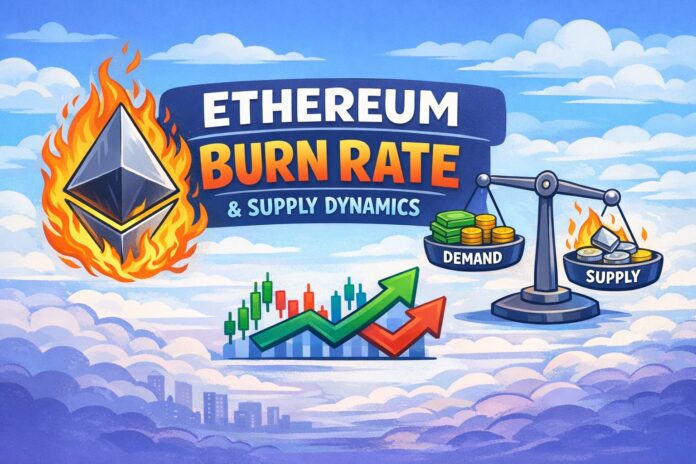 Ethereum burn rate illustrated in a colorful cartoonish theme, showing ETH burning, demand vs. supply balance, and market dynamics that highlight how supply reduction interacts with liquidity and demand.
