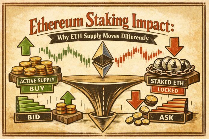 Ethereum staking impact illustration showing active supply versus staked ETH in a vintage design with warm tones and central Ethereum logo