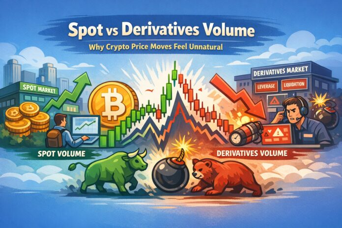 Spot vs Derivatives Volume explains how imbalance between spot and derivatives trading drives unnatural crypto price moves, showing a cartoonish split market scene with Bitcoin, bull, and bear visuals.