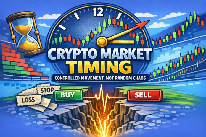 Crypto market makers controlling timing and liquidity in a colorful cartoon‑style illustration showing buy and sell buttons, candlestick charts, and a clock symbolizing market movement.