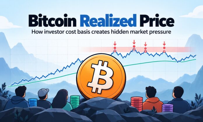 Bitcoin Realized Price featured image showing BTC, investor cost basis, and hidden market pressure through a price chart and resistance zone.
