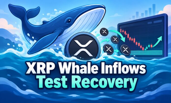 XRP whale inflows featured image showing a large whale, XRP tokens, and a price chart testing recovery